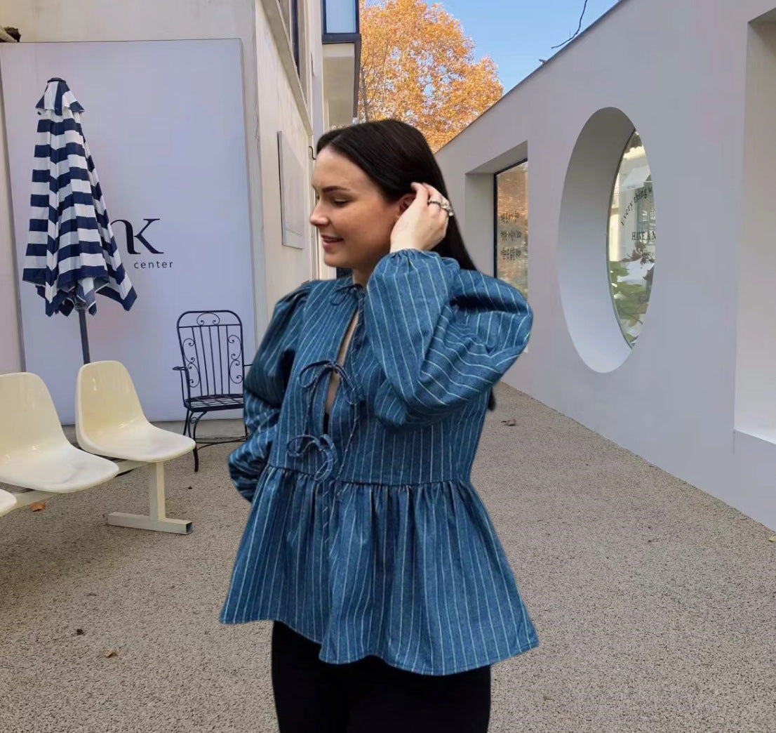 Damen gestreifte Bluse mit voluminösen Puffärmeln und tailliertem Schnitt R&B