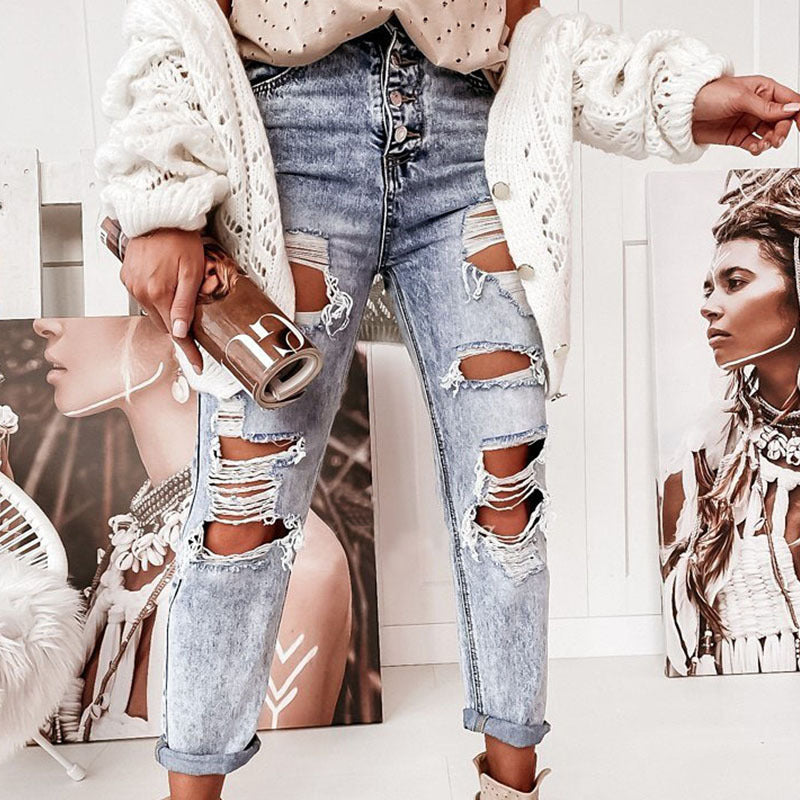 Damen Destroyed Boyfriend Jeans Im Lässigen Vintage-Stil mit Hohem Bund R&B