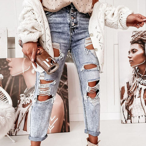 Damen Destroyed Jeans im lässigen Boyfriend-Schnitt mit hohem Bund und Details R&B