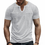 Herren nan Kurzarmshirt mit geschlitztem V-Ausschnitt strukturierter Leinenoptik und aufgesetzter Brusttasche R&B
