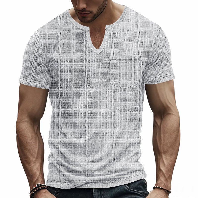 Herren nan Kurzarmshirt mit geschlitztem V-Ausschnitt strukturierter Leinenoptik und aufgesetzter Brusttasche R&B