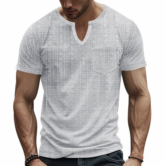 Herren nan Kurzarmshirt mit geschlitztem V-Ausschnitt strukturierter Leinenoptik und aufgesetzter Brusttasche R&B
