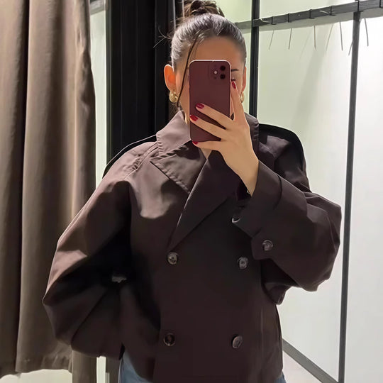 Damen modische Doppelreiher-Jacke mit hohem Kragen und strukturiertem Design R&B