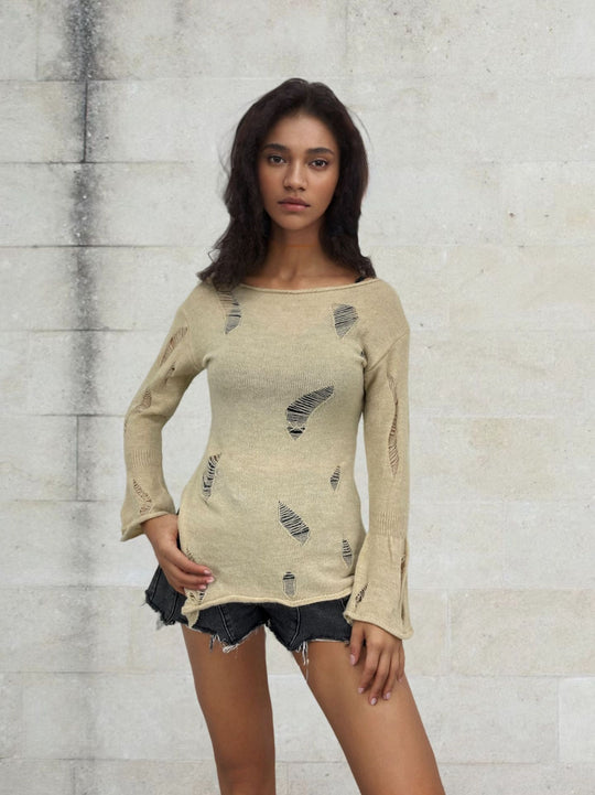 Damen lockerer Strickpullover mit modischen Auschnitten und weitem Schnitt R&B