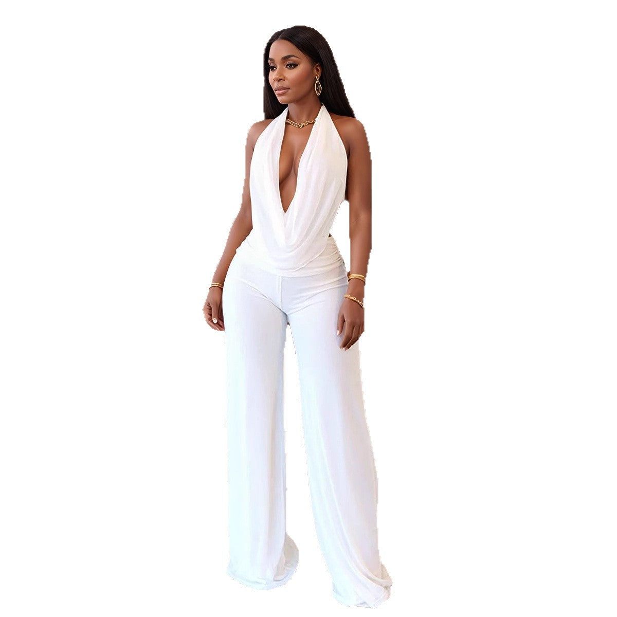 Damen Eleganter Jumpsuit mit tiefem Ausschnitt und fließendem Stoff R&B