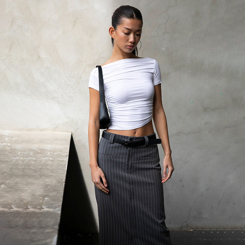 Damen figurbetontes Oberteil mit Off-Shoulder Design und Raffung R&B