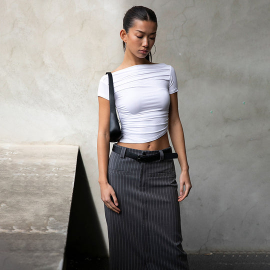 Damen figurbetontes Oberteil mit Off-Shoulder Design und Raffung R&B