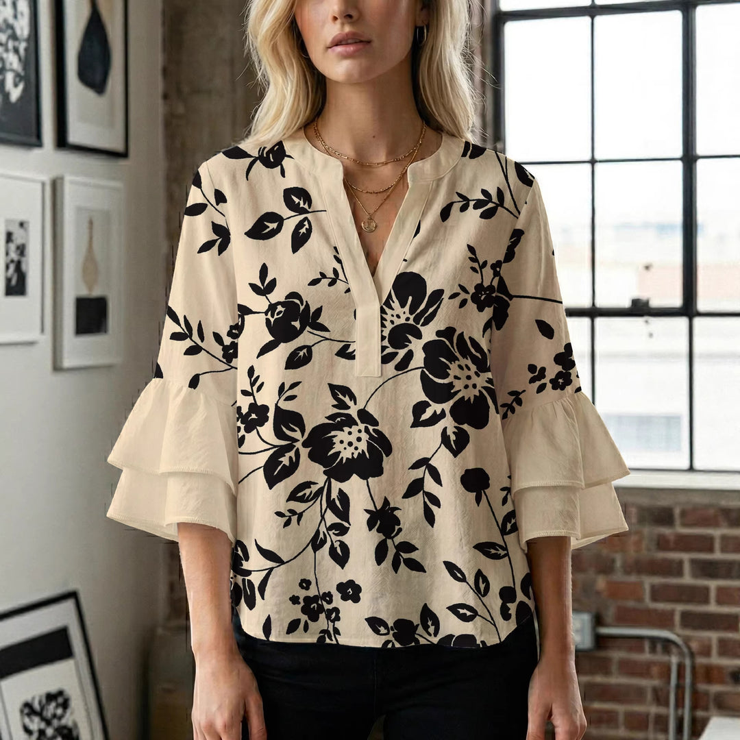 Damen lässige Bluse mit Volantärmeln und botanischem Druck R&B