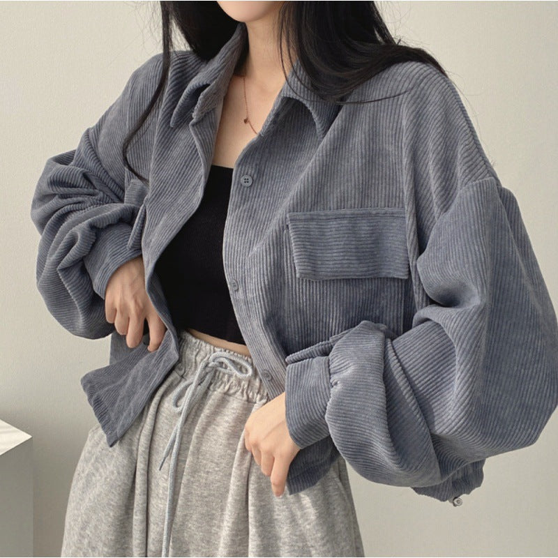 Damen Herrenjacke im weichen Cord-Design mit praktischen Taschen und trendigen Puffärmeln