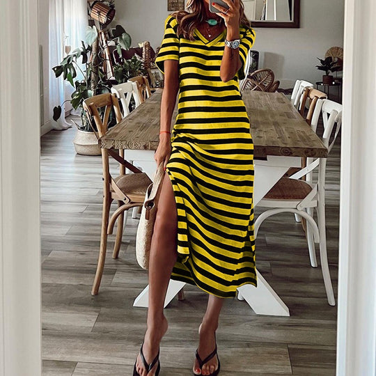 Damen Maxikleid mit verführerischem V-Ausschnitt und seitlichem Schlitz R&B