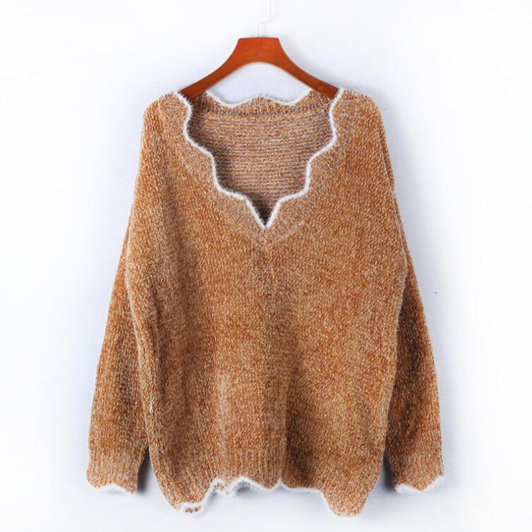 Damen kuscheliger Strickpullover mit tiefem V-Ausschnitt und gewellten Abschlüssen R&B
