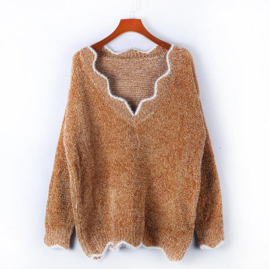 Damen kuscheliger Strickpullover mit tiefem V-Ausschnitt und gewellten Abschlüssen R&B