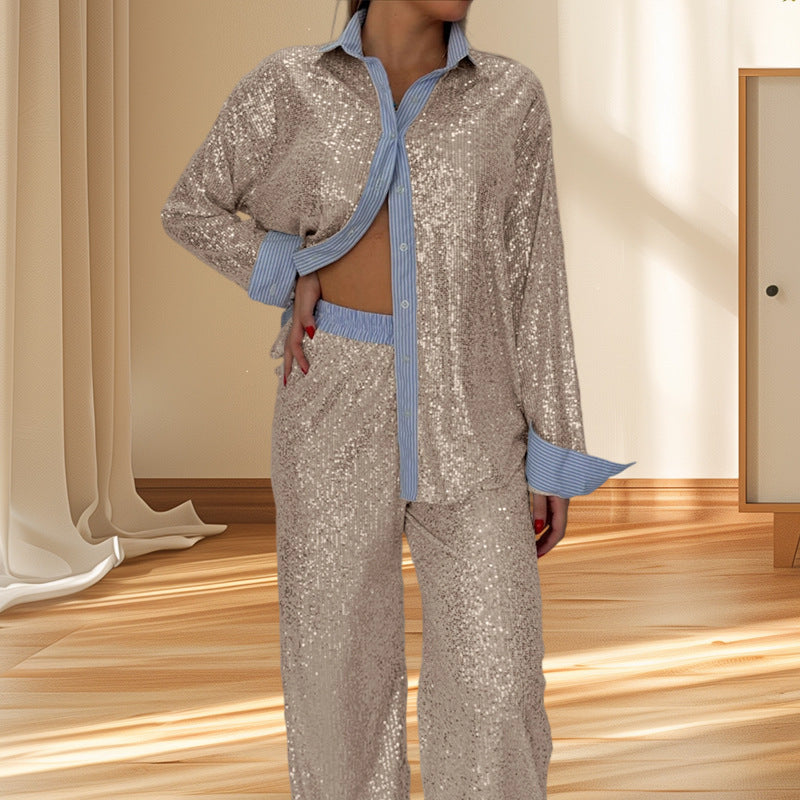 Damen Glitzerndes Pyjama-Set aus hochwertigem Material mit Schalkragen und eleganten Akzenten R&B