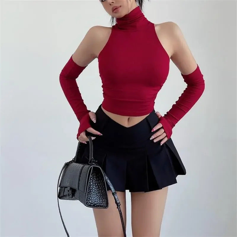 Damen Langarm Crop-Top mit Stehkragen und figurbetontem Schnitt R&B