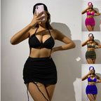 Damen Triangelbikini-Set mit transparentem Überrock und modischem Stirnband R&B