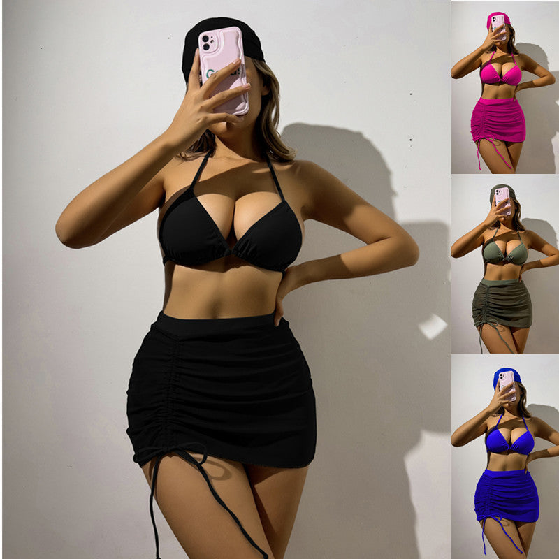 Damen Triangelbikini-Set mit transparentem Überrock und modischem Stirnband R&B