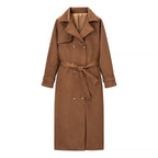 Damen Tragbare Wildleder-Trenchcoat mit Gürtel und großen Taschen R&B