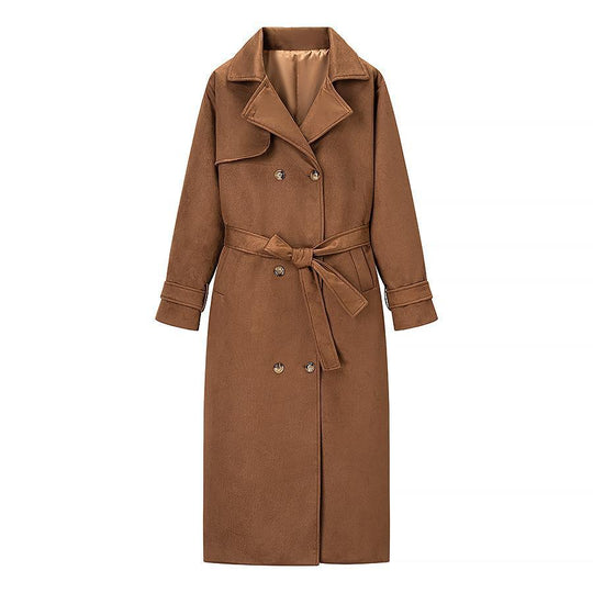 Damen Tragbare Wildleder-Trenchcoat mit Gürtel und großen Taschen R&B