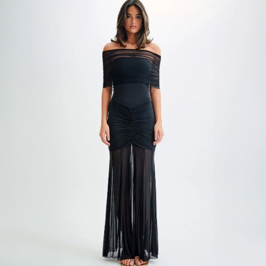 Damen Elegantes Maxi-Kleid mit schulterfreiem Design und Raffungen R&B