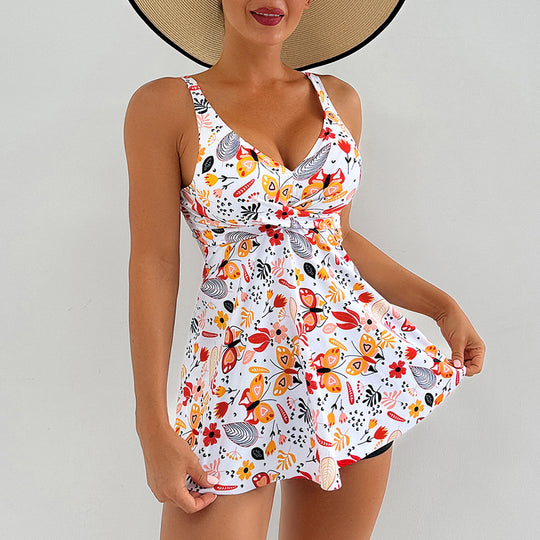 Damen Sportlicher Badeanzug mit fließendem Rock und floralen Akzenten R&B