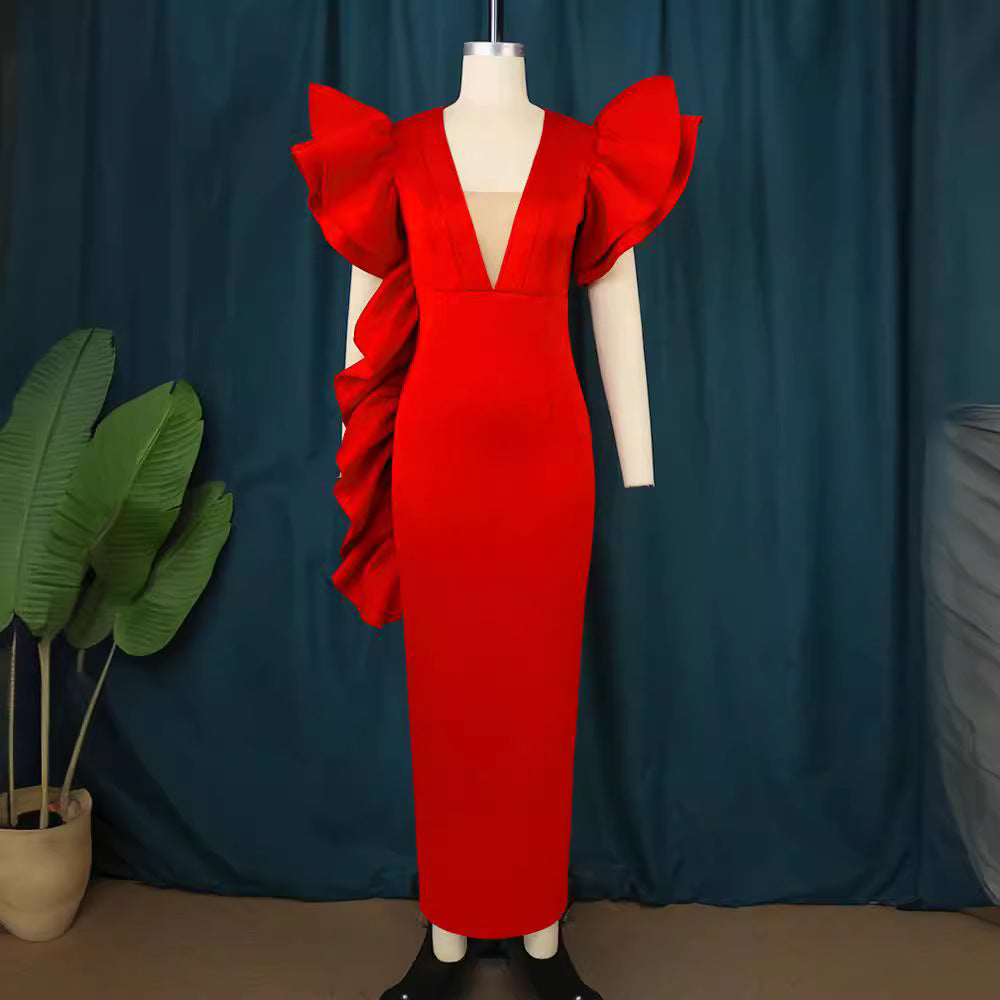 Damen figurumspielendes Abendkleid mit voluminösen Rüschenärmeln R&B