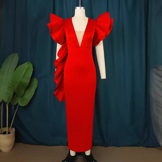 Damen figurumspielendes Abendkleid mit voluminösen Rüschenärmeln R&B