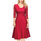 Damen Midi-Kleid mit Spitzenärmeln und schwingendem Rock R&B