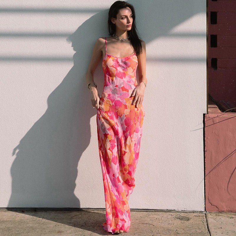 Damen Maxikleid mit floralem Muster und schmalen Spaghetti-Trägern R&B