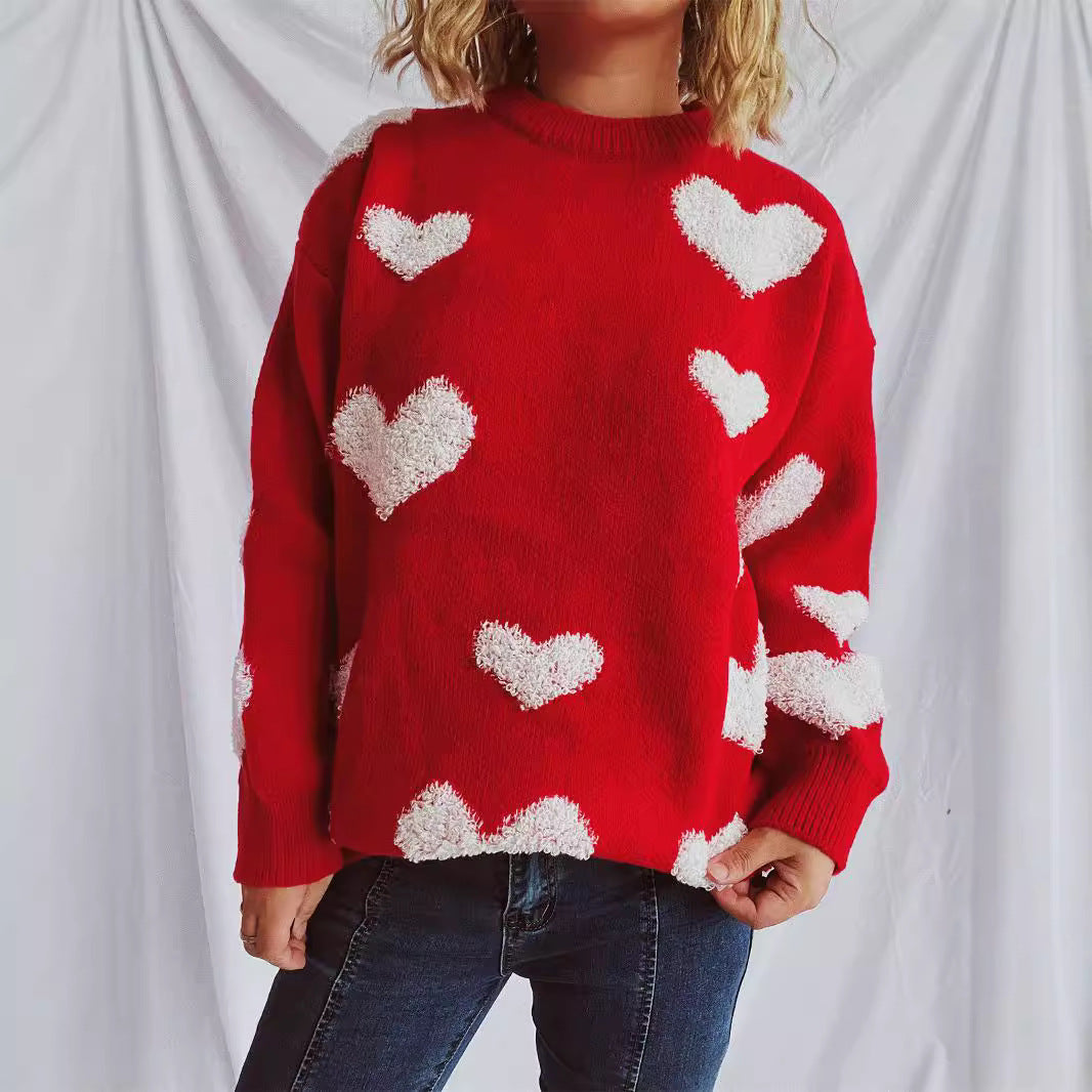 Damen Pullover mit Herzmuster und flauschigen Applikationen R&B