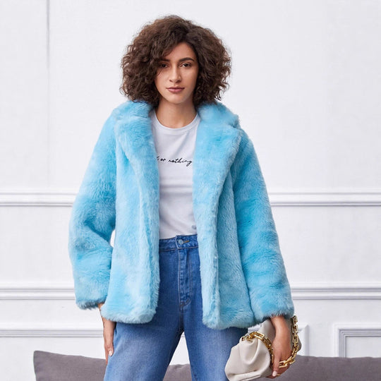 Damen Fluffige Kunstpelzjacke mit großzügigem Kragen und bequemen Ärmeln R&B