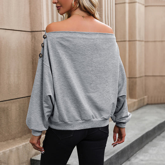 Damen lässiger Pullover mit asymmetrischem Ausschnitt und dekorativen Knopfdetails R&B
