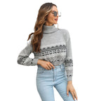 Damen modischer Strickpullover mit hohem Kragen und grafischem Design R&B