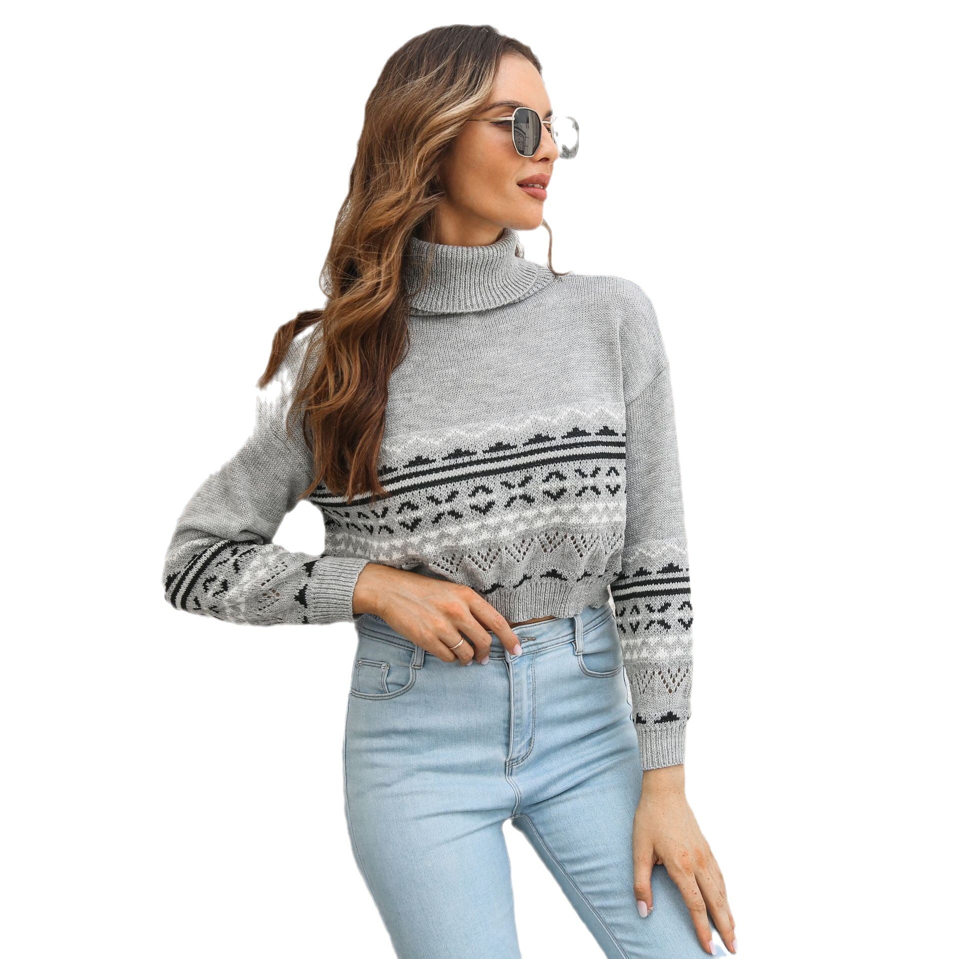 Damen modischer Strickpullover mit hohem Kragen und grafischem Design R&B