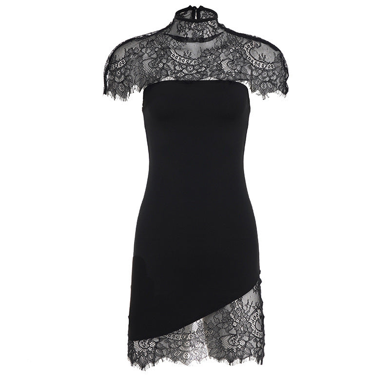 Damen Spitzenkleid mit asymmetrischem Saum und elegantem Kragen R&B