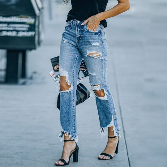 Damen high-waisted Jeans mit fransigen Details und modischen Rissen R&B