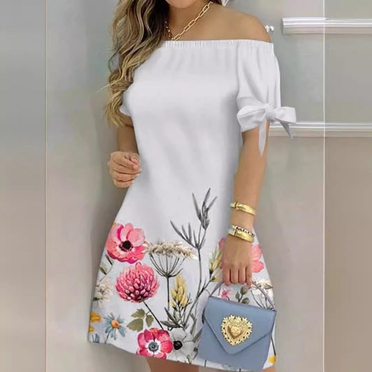 Damen Off-Shoulder Blumenkleid mit Rüschendetails und A-Linien-Schnitt R&B