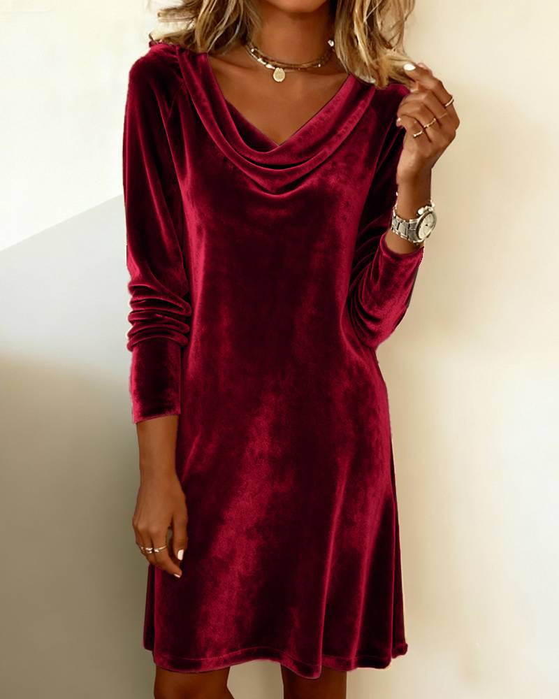 Damen nan Samtkleid mit drapiertem Wasserfallausschnitt, knielanger A-Linien‑Silhouette und langen Ärmeln R&B