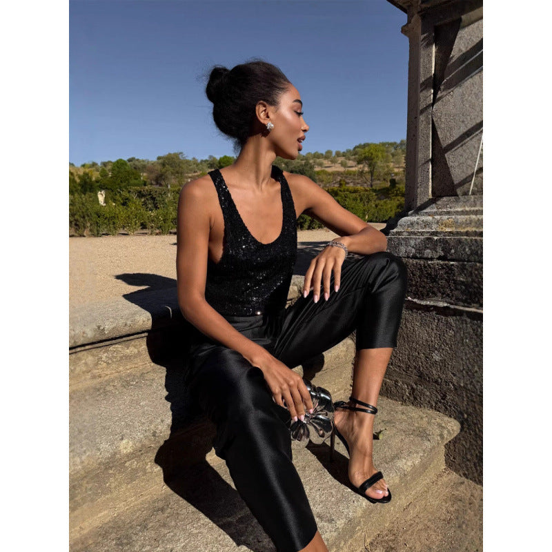 Damen Glamouröses Paillettenoberteil mit tiefem Ausschnitt und sportlichem Schnitt R&B