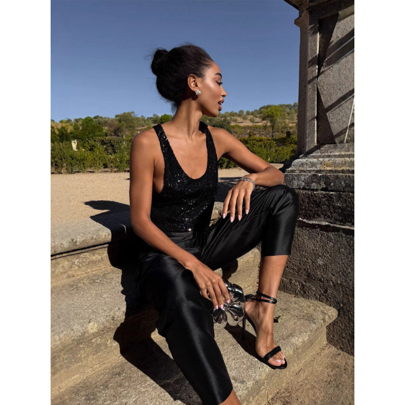 Damen Glamouröses Paillettenoberteil mit tiefem Ausschnitt und sportlichem Schnitt R&B