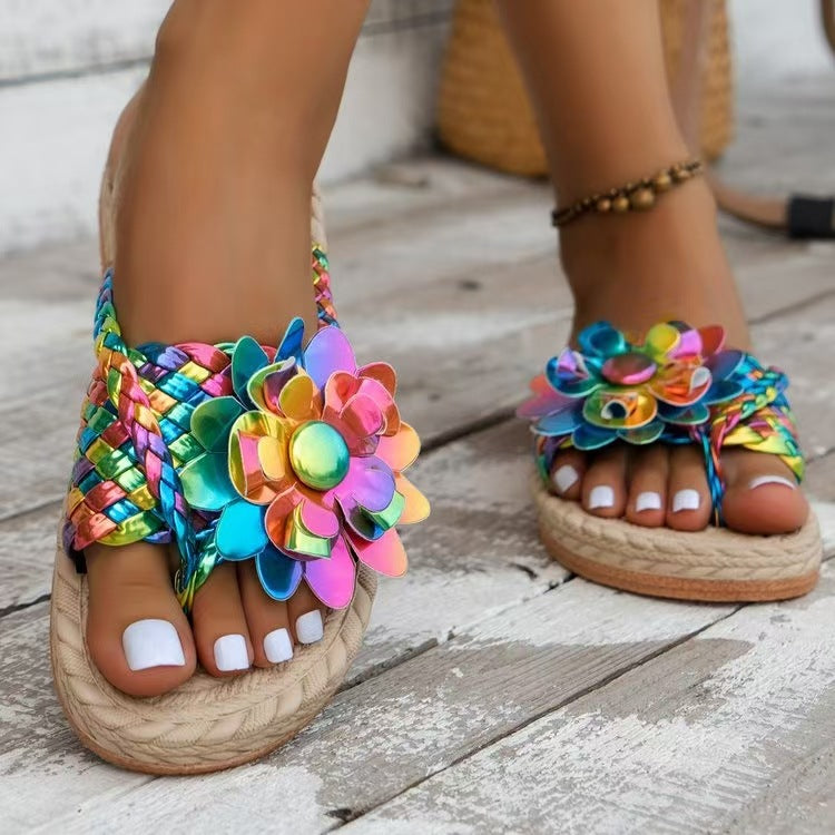 Damen modische Slide-Sandalen mit hochglänzendem Blumendetail R&B
