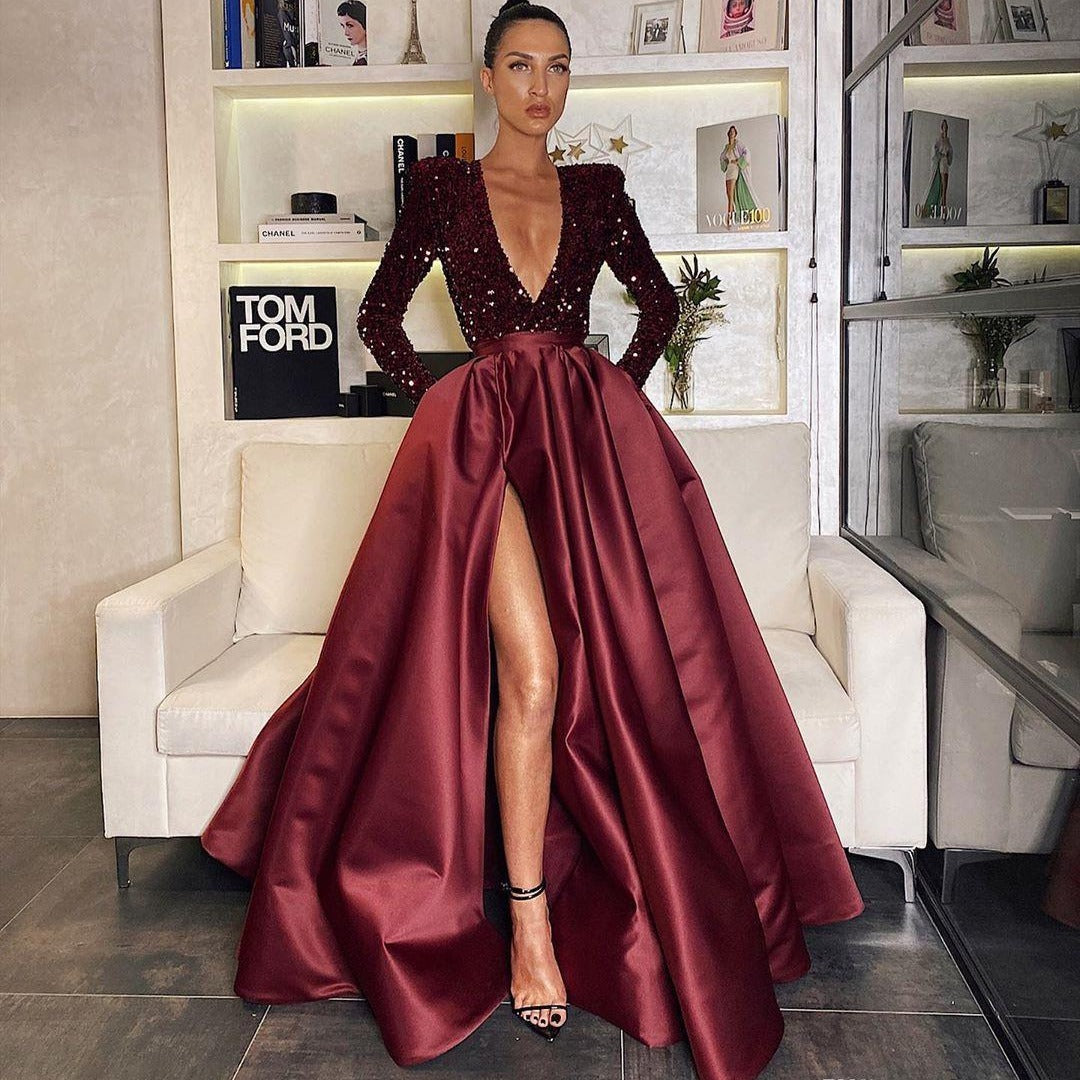 Damen Glamouröses Abendkleid mit tiefem V-Ausschnitt und hochgeschnittenem Rock R&B
