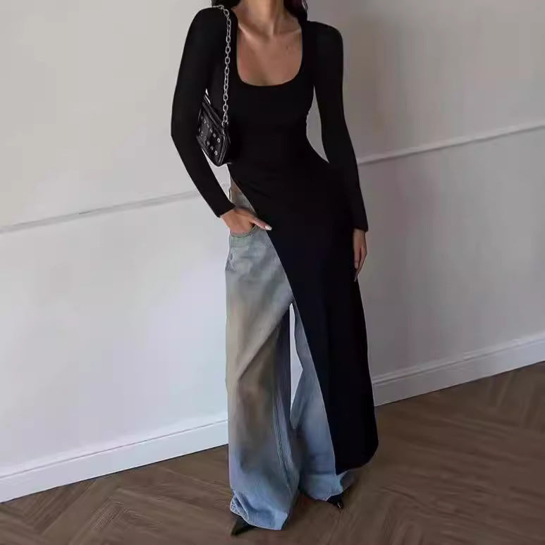Damen Elegantes langärmliges Kleid mit asymmetrischem Saum