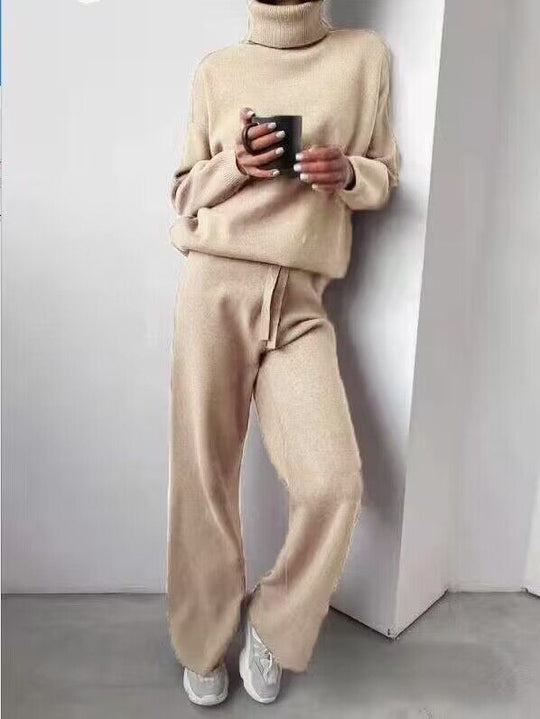 Damen kuscheliges Strick-Loungewear-Set mit weiten Hosen und elegantem Rundhalsausschnitt R&B