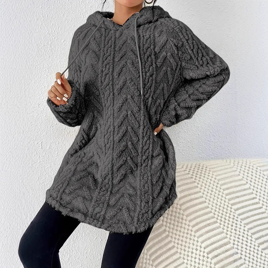 Damen Kapuzenpullover mit weichem Plüsch und modischem Zopfmuster R&B