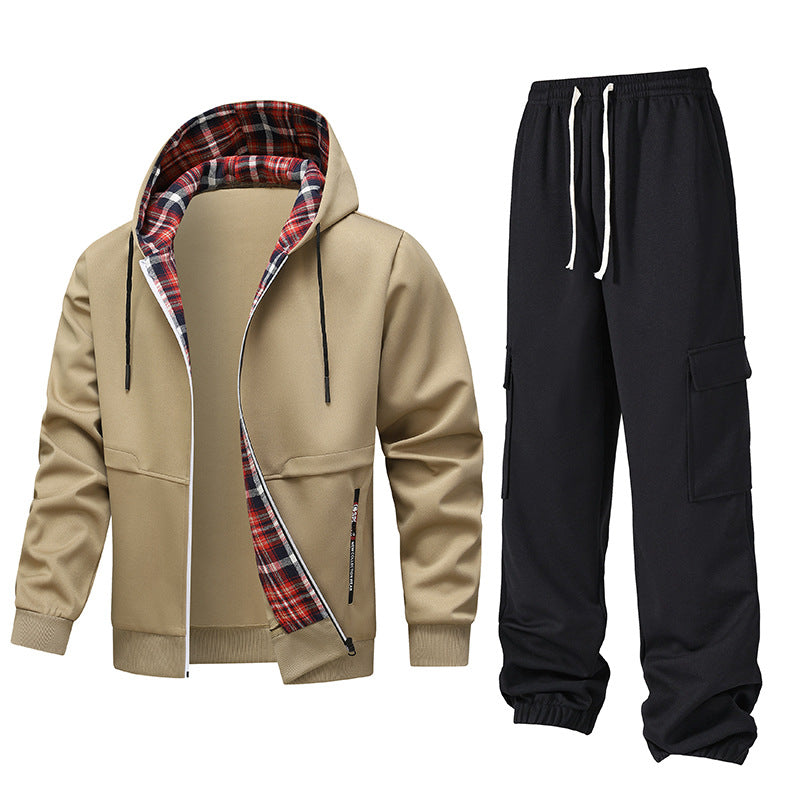 Herren lässiger Freizeitanzug mit Kapuze und kariertem Innenfutter R&B