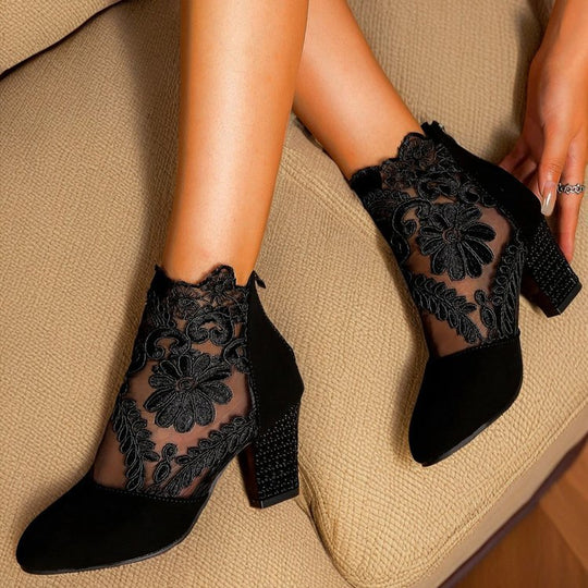 Damen elegante Schnür-Stiefeletten mit Spitze und Glitzer-Details R&B