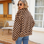 Damen Fleecejacke mit modernem Karomuster und hohem Kragen R&B