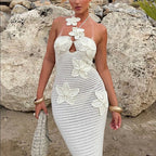 Damen Häkel-Maxikleid mit floralem Design und schmalem Schnitt R&B