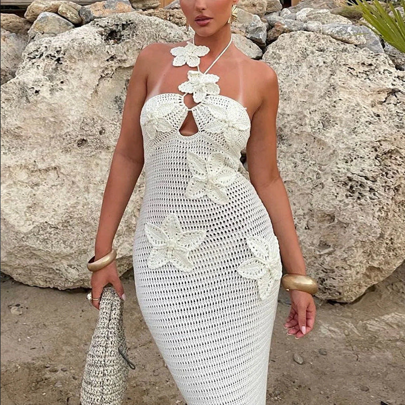 Damen Häkel-Maxikleid mit floralem Design und schmalem Schnitt R&B