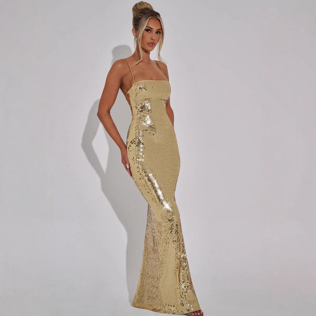 Damen Glamouröses Pailletten-Maxikleid mit schmalem Schnitt und verstellbaren Trägern R&B